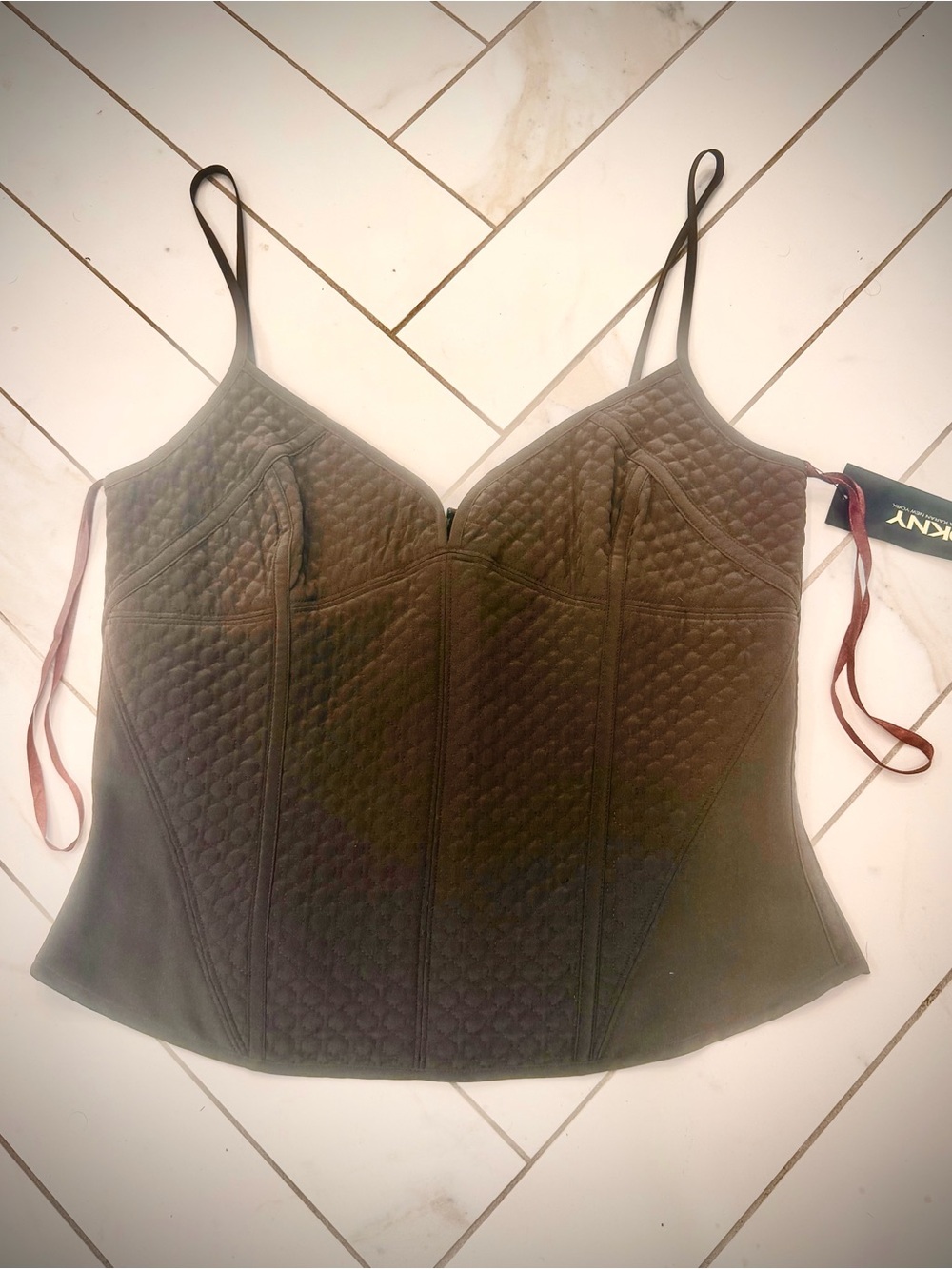 DKNY Olive Quilted Corset Cami Top with Slim Straps